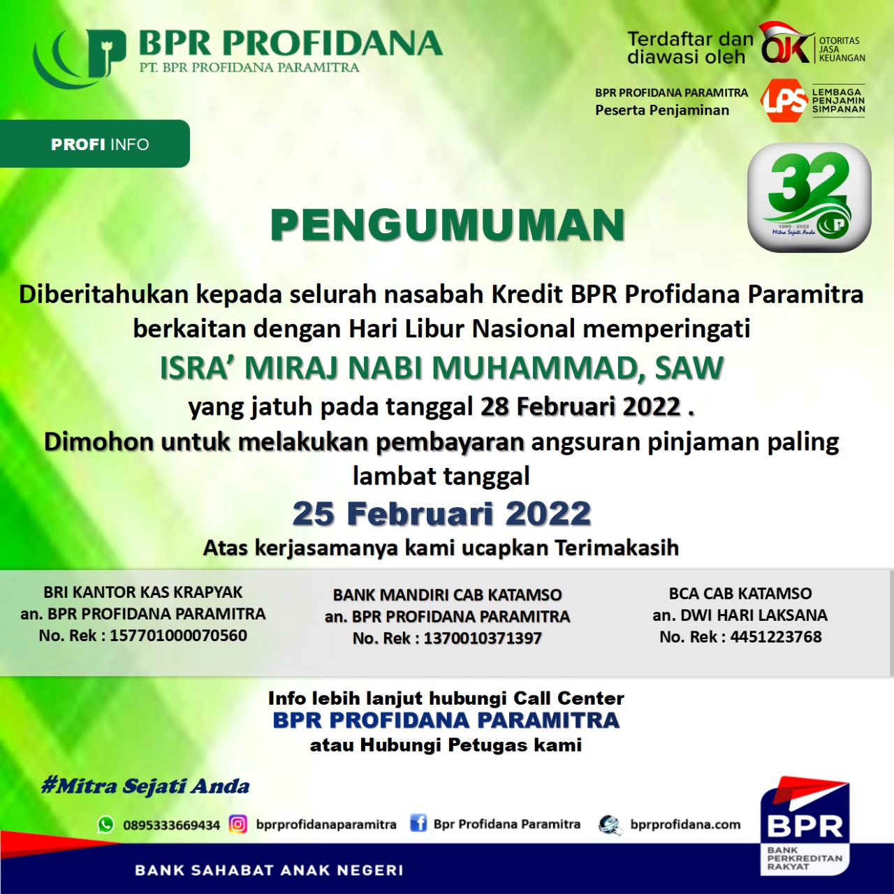 PENGUMUMAN TRANSAKSI AKHIR BULAN FEBRUARI 2022